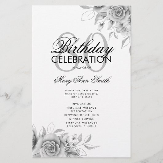 Floral 80. Geburtstag Programm Silver mit Menü (Vorne)