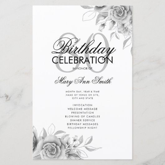Floral 80. Geburtstag Programm Silver mit Menü (Vorderseite)
