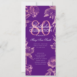 Floral 80. Geburtstag Rose Gold Lila Menü Einladung