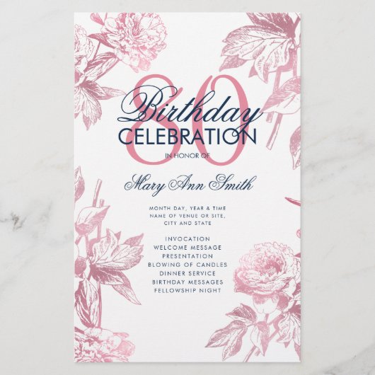 Floral 80. Geburtstag Rose Gold Menü (Vorne)