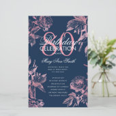 Floral 80. Geburtstag Rose Gold Navy Menü (Stehend Vorderseite)