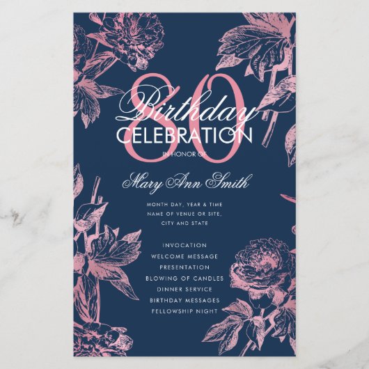 Floral 80. Geburtstag Rose Gold Navy Menü (Vorderseite)