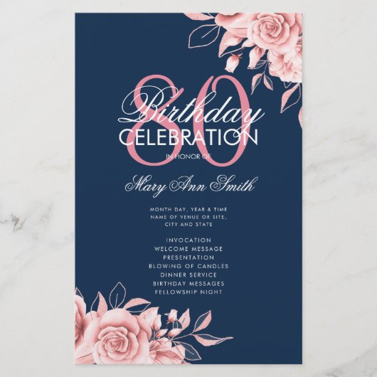 Floral 80. Geburtstag Rose Gold Navy Menü (Vorne)