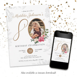 Floral 80. Geburtstag Schwarzes Gold Botanisches F Einladung