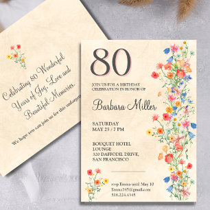 Floral 80. Geburtstag Wildblumen 80 Jahre Party Einladung
