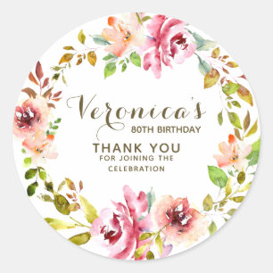 Floral 80. Geburtstagsgrün Danke. Runder Aufkleber