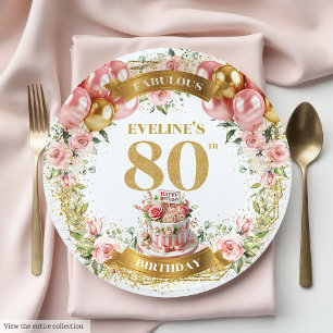 Floral 80. Geburtstagspapier-Teller Pappteller
