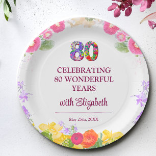 Floral 80. Geburtstagsparty 80 Jahre Blume Muster Pappteller