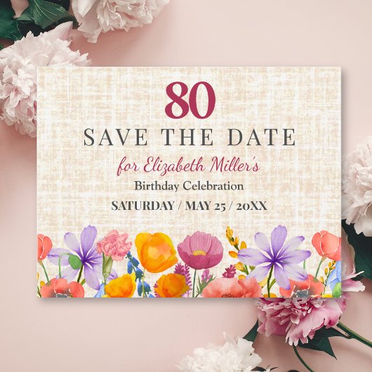 Floral 80th Birthday Save the Date - Garden Party Einladung
