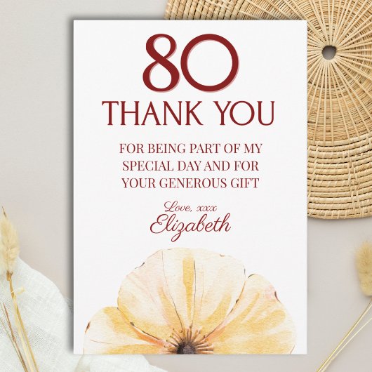 Floral 80th Birthday Thanks - Elegant Yellow Bloom Dankeskarte
