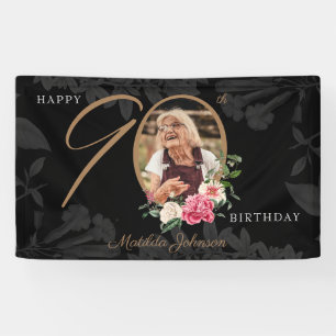 Floral 90. Geburtstag Black Gold Custom Foto Banner