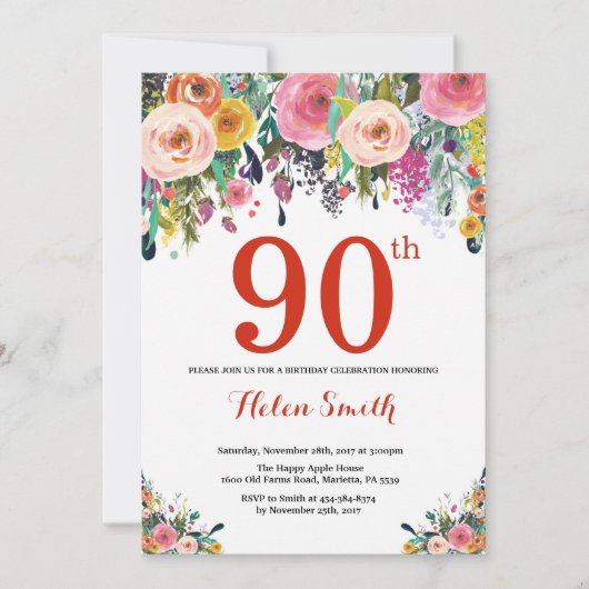 Floral 90. Geburtstag Einladung Rot (Vorderseite)