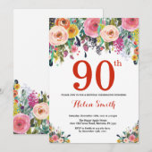 Floral 90. Geburtstag Einladung Rot (Vorne/Hinten)