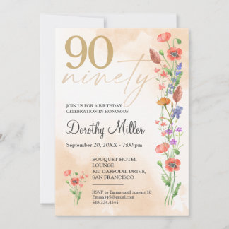 Floral 90. Geburtstag - Elegantes Aquarelldesign Einladung