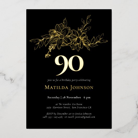 Floral 90. Geburtstag Gold Foil Einladung (Vorderseite)