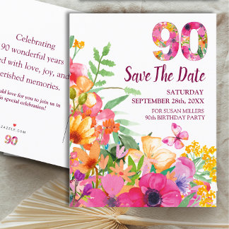 Floral 90. Geburtstag Save the Date, Elegant 90 Ankündigungspostkarte