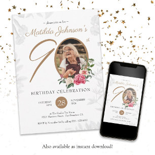 Floral 90. Geburtstag White Gold Botanical Custom Einladung