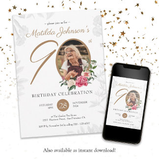 Floral 90. Geburtstag White Gold Botanical Custom Einladung