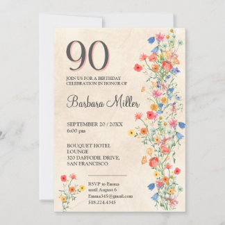 Floral 90. Geburtstag - Wildblumen 90 Jahre Party Einladung
