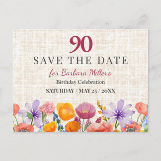 Floral 90th Birthday Save the Date - Garden Party Ankündigungspostkarte