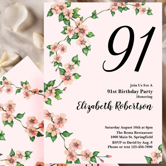 Floral 91st Birthday Invitation in Blush Pink Einladung