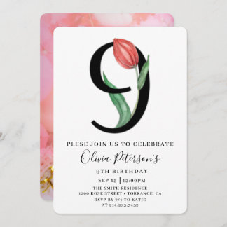 Floral 9. Geburtstag mit individueller Foto-Einlad Einladung