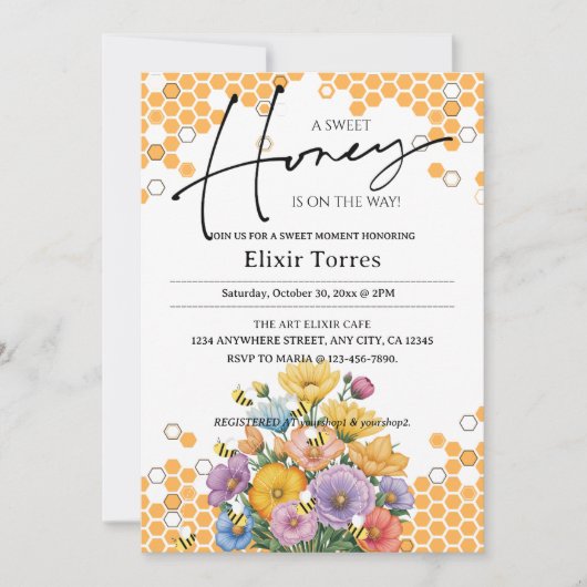 Floral A Sweet Honey Bee Baby Dusche Einladung (Vorderseite)
