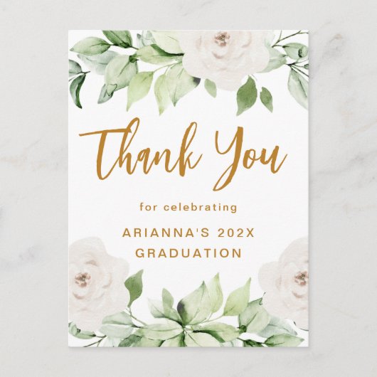 Floral Abschluss Danke, Script White Postkarte (Vorderseite)