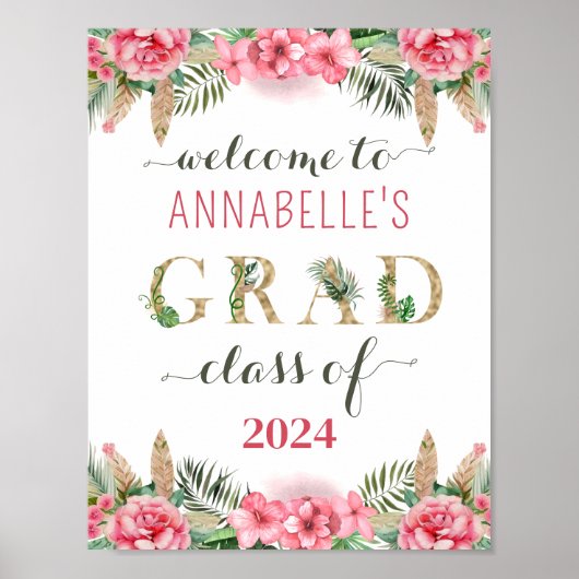 Floral Abschluss Luau Class of 2024 Willkommen Poster (Vorne)