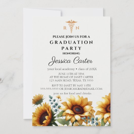 Floral Abschluss Nurse Sunflowers Typografie Einladung (Vorderseite)