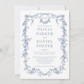 Floral All in One Victorian Blue Wedding Monogram Einladung (Vorderseite)