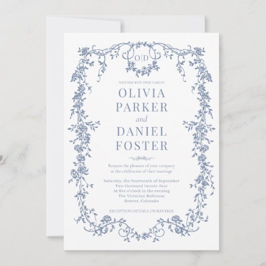 Floral All in One Victorian Blue Wedding Monogram Einladung (Vorderseite)