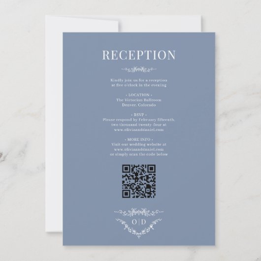 Floral All in One Victorian Blue Wedding Monogram Einladung (Rückseite)