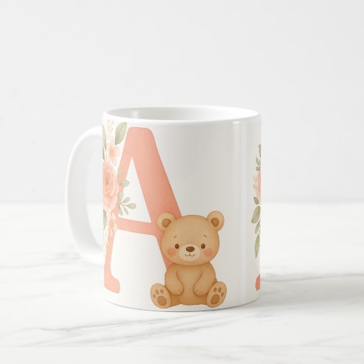 Floral Alphabet A Mug – Cute Bear Initial Mug Kaffeetasse (Vorderseite Links)