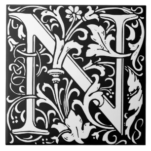 Floral Alphabet Monogram Letter N Tile Fliese