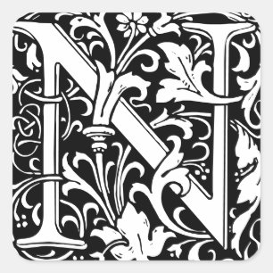 Floral Alphabet Monogram Letter N Tile Morris Quadratischer Aufkleber