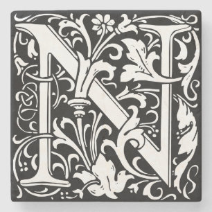 Floral Alphabet Monogram Letter N Tile Morris Steinuntersetzer