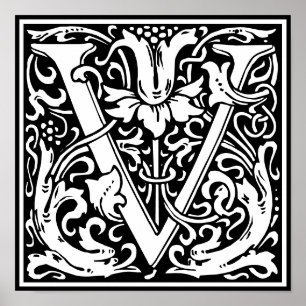 Floral Alphabet Monogram Letter V Poster