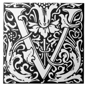 Floral Alphabet Monogramm Letter V Tile Fliese