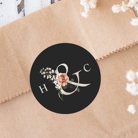Floral Ampersand Elegant Wedding Monogram Black Runder Aufkleber