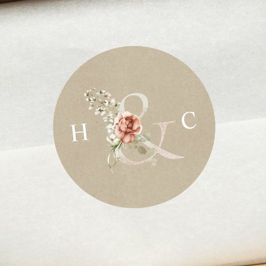 Floral Ampersand Elegant Wedding Monogram Kraft Runder Aufkleber