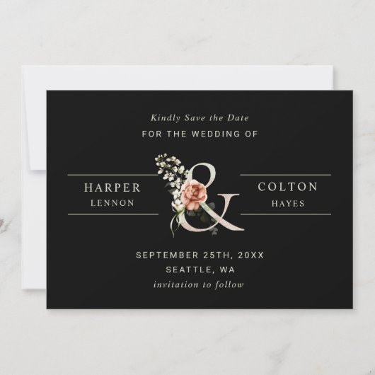 Floral Ampersand Elegantes Hochzeitschwarzes Foto Save The Date (Vorderseite)