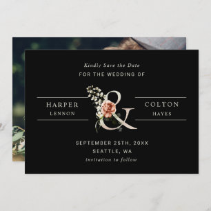 Floral Ampersand Elegantes Hochzeitschwarzes Foto Save The Date
