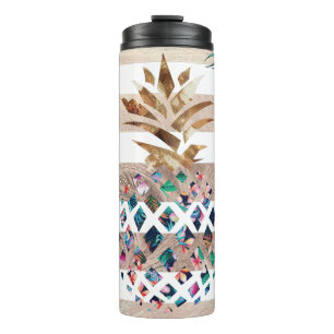 Floral Ananas, goldgestreiftes Design Thermosbecher