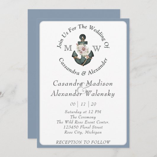 Floral Anchor Nautical Wedding Dusty Blue Einladung (Vorne/Hinten)