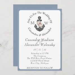 Floral Anchor Nautical Wedding Dusty Blue Einladung