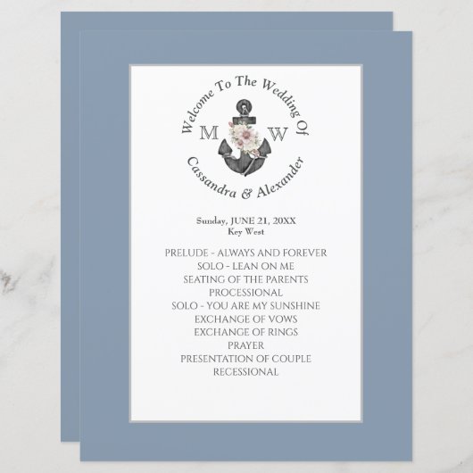 Floral Anchor Nautical Wedding Dusty Blue Programm (Vorne/Hinten)