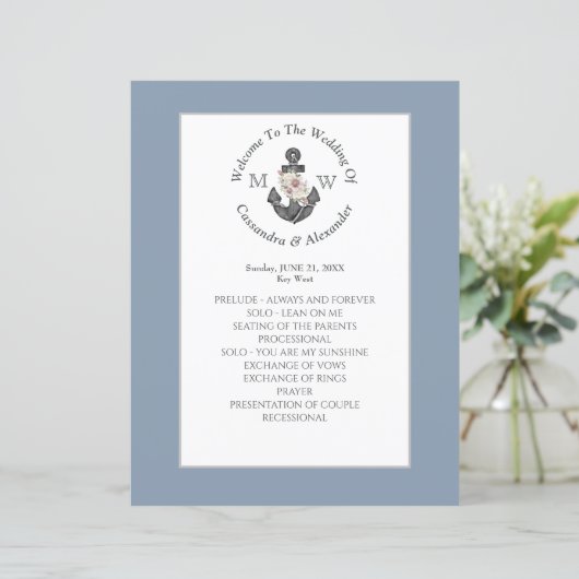 Floral Anchor Nautical Wedding Dusty Blue Programm (Stehend Vorderseite)