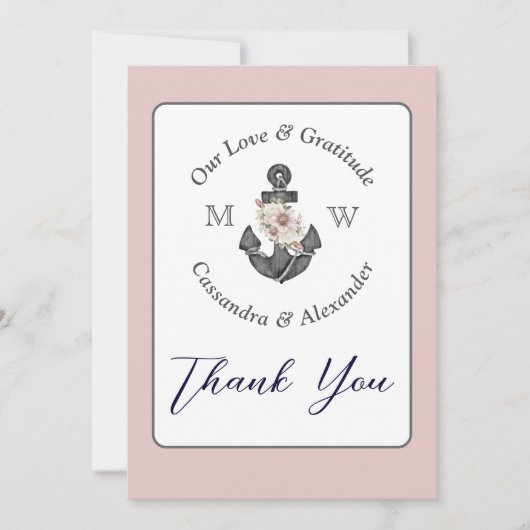 Floral Anchor Nautical Wedding Dusty Rose Dankeskarte (Vorderseite)