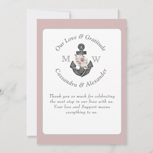 Floral Anchor Nautical Wedding Dusty Rose Dankeskarte (Rückseite)